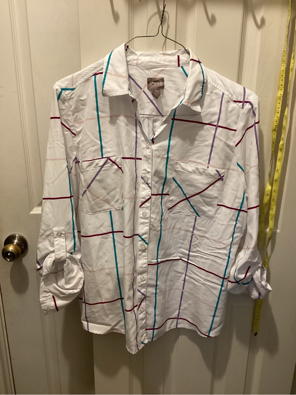 Chico's White Button-Down Shirt with Teal, Purple & Burgundy Grid Lines